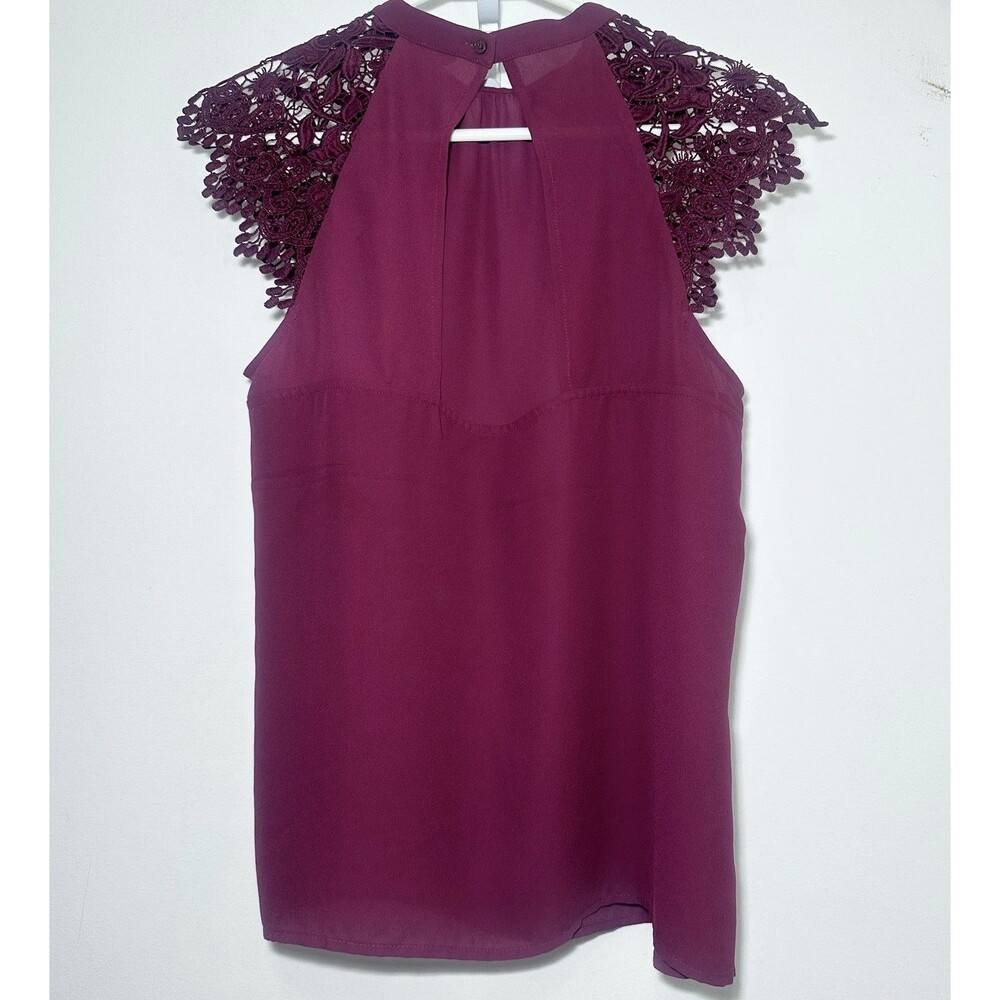 Express Lace Cap Sleeve Blouse Small Burgundy High Neck Keyhole Back Top - Picture 3 of 7